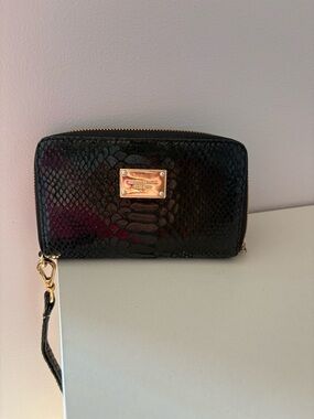 Michael Kors Black Patent Snake-Embossed Wristlet with Gold Plaque